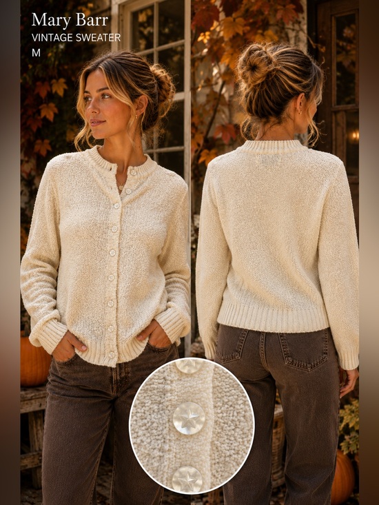 Mary Barr Sweaters - Mary Barr Vintage womens Button Up sweater Medium Ivory cottagecore knit cardi